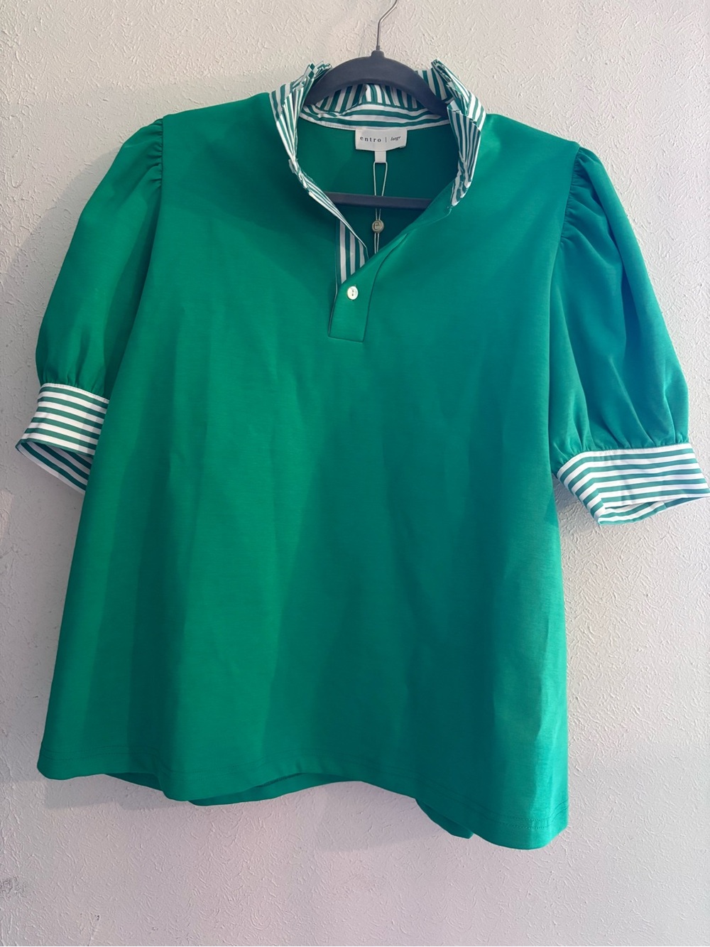 entro Green Puff-Sleeve Polo Blouse with Striped Trim